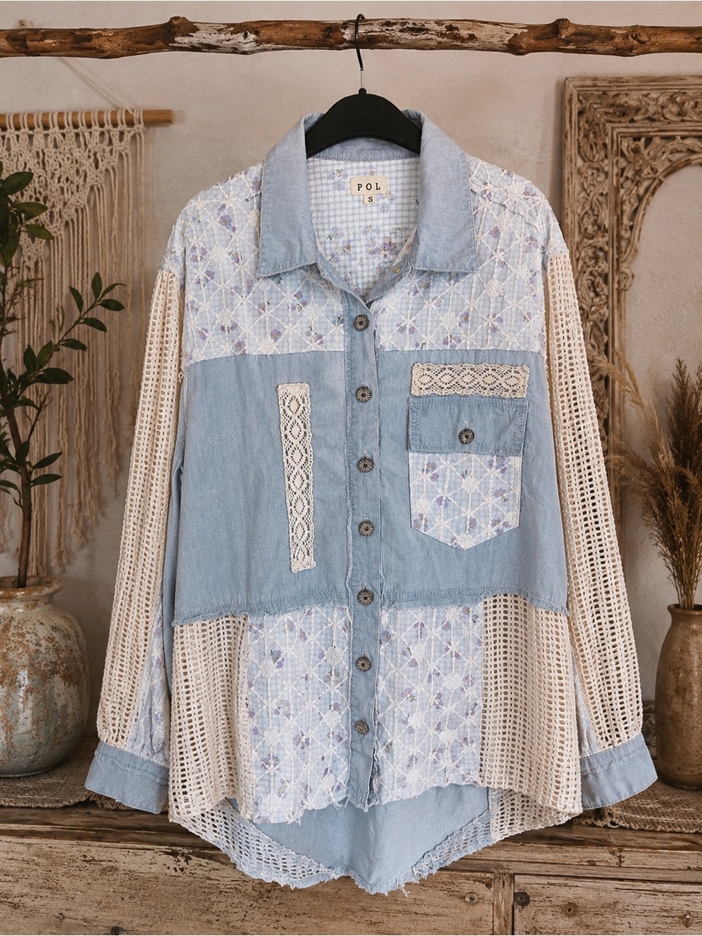 221🌟 Patchwork Crochet Denim Shirt – NWOT – Size Small